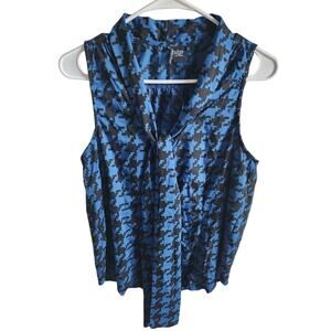 Kontagious Womens Sz L Sleeveless Blouse Blue Black Houndstooth Bow Front